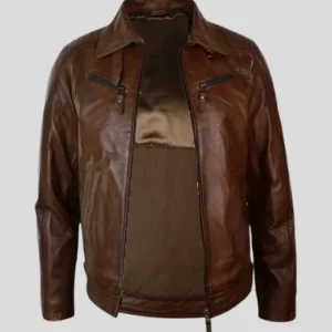 Mens Belted Brown Distressed Leather Jacket