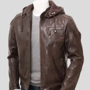 Men's Brown Hooded Leather Jacket