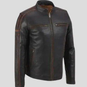 Mens Brown Stripe Biker Leather Jackets