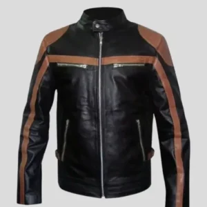 Men’s Brown Stripes Moto Leather Biker Jacket