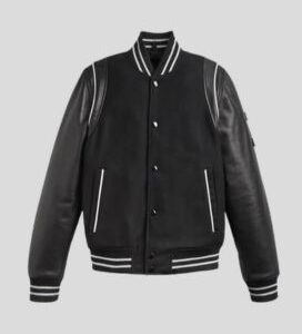 Black Varsity Bomber Leather Jacket With Stripes