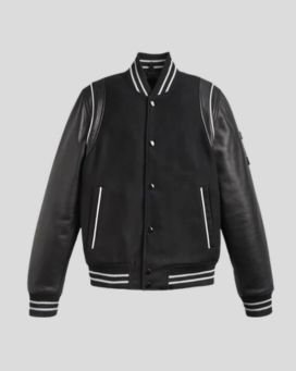 Black Varsity Bomber Leather Jacket With Stripes