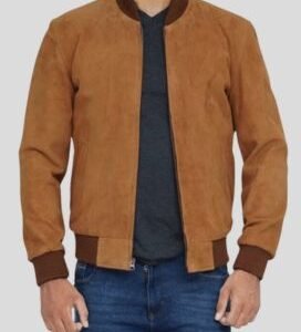 Men Light Brown Suede Bomber Jacket