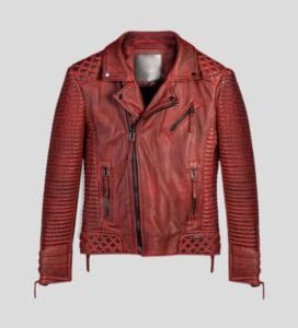 Mens Red Waxed Biker Leather Jacket